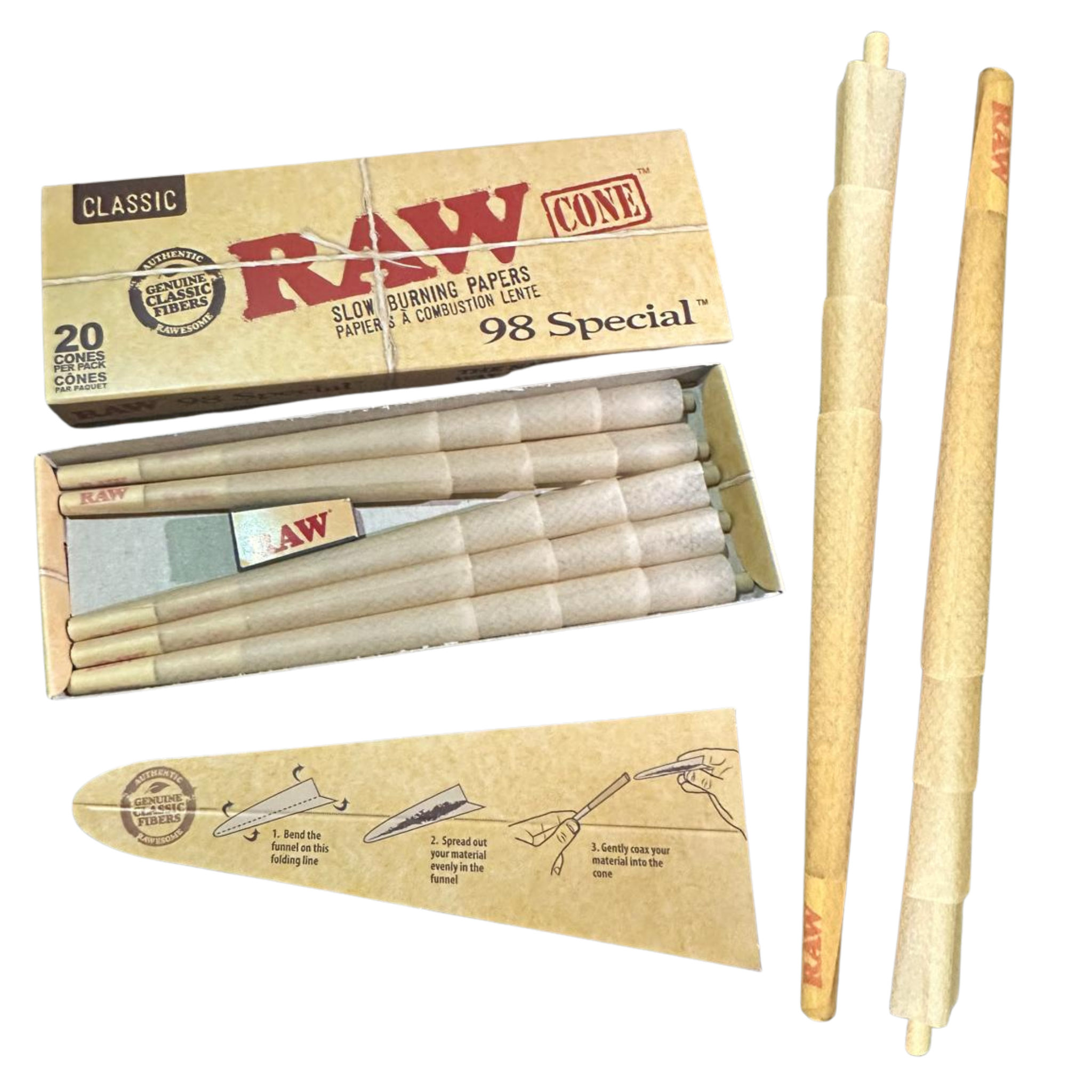 Open single pack of RAW Classic Natural Unrefined Pre-Rolled Cones, 98 Special Size, showing 20 cones inside, accompanied by a how-to-use guide and two individual cones displayed.