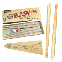 Open single pack of RAW Classic Natural Unrefined Pre-Rolled Cones, 98 Special Size, showing 20 cones inside, accompanied by a how-to-use guide and two individual cones displayed.