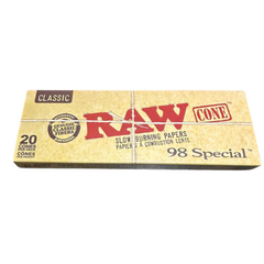 Sealed pack of RAW Classic Natural Unrefined Pre-Rolled Cones, 98 Special Size, containing 20 cones.
