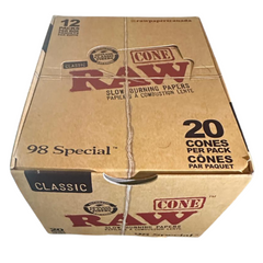 Box of RAW Classic Natural Unrefined Pre-Rolled Cones – 98 Special Size – 240 Cones (12 Packs × 20 Cones/Pack) – Bulk Wholesale