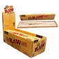 RAW Classic Lean Pre-Rolled Cones display box open, with one pack opened showing natural hemp cones – 109mm x 40mm, box of 12 packs