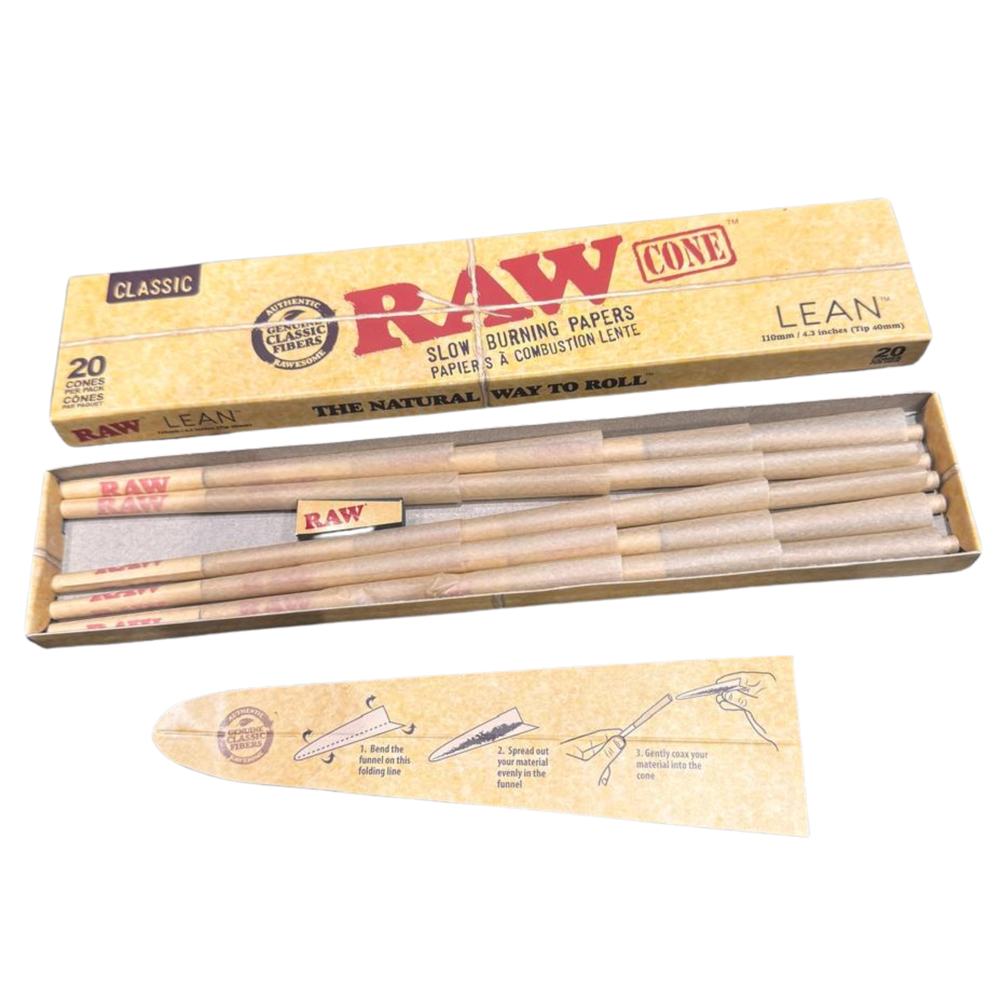 RAW Classic Lean Pre-Rolled Cones single open pack with instruction card showing how to use – 20 cones, 109mm natural hem