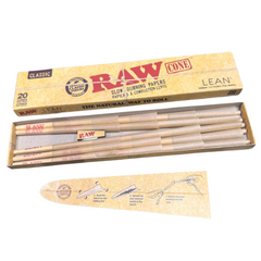 RAW Classic Lean Pre-Rolled Cones single open pack with instruction card showing how to use – 20 cones, 109mm natural hem