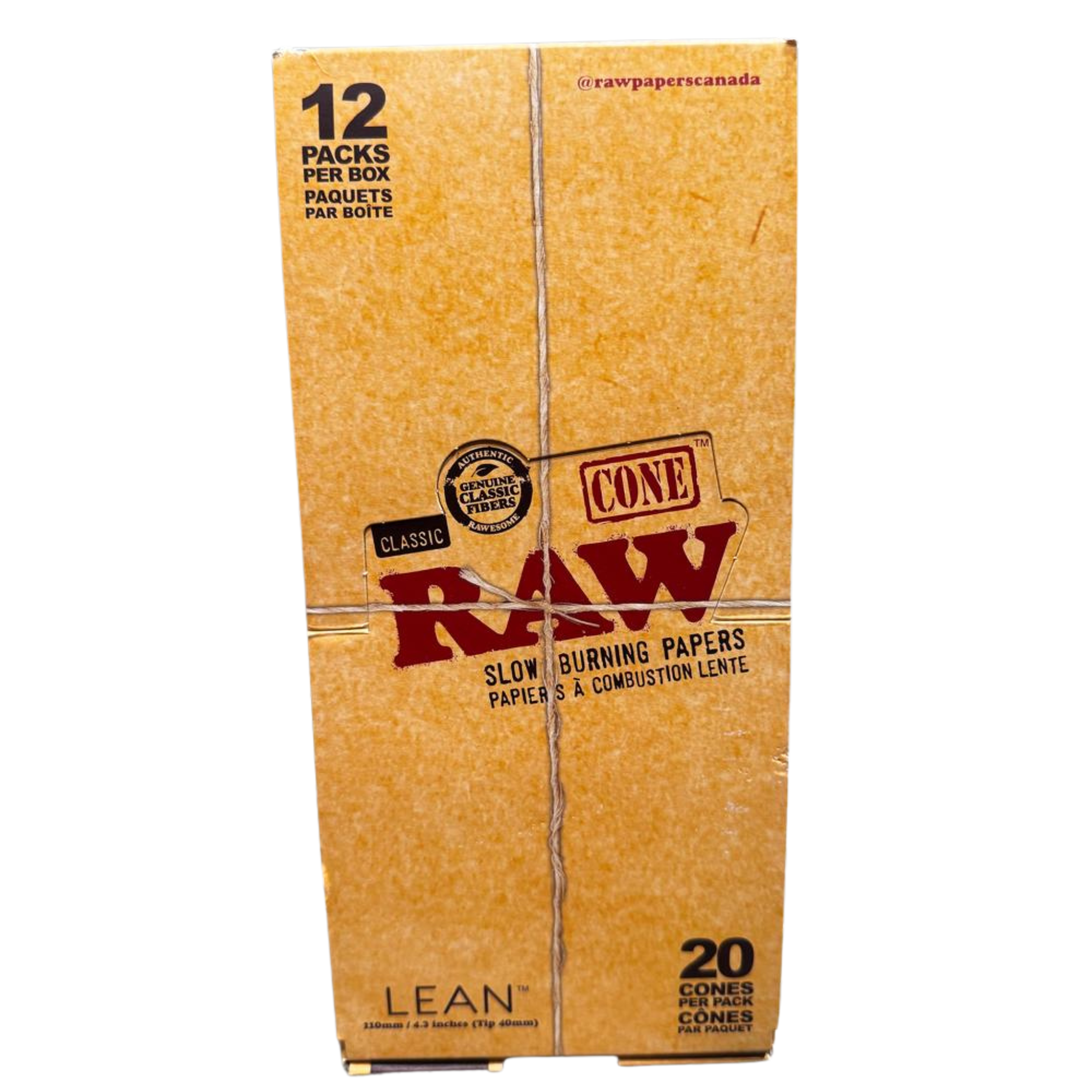 RAW Classic Lean Pre-Rolled Cones sealed box front view – 109mm x 40mm, 12 packs of 20 hemp cones