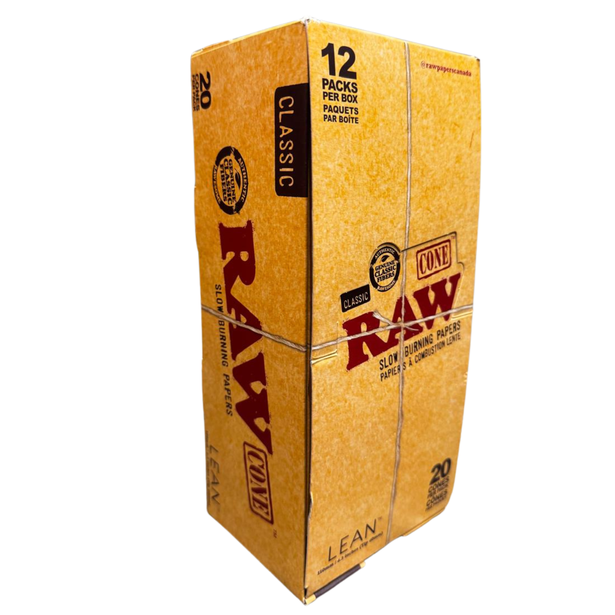 RAW Classic Lean Pre-Rolled Cones sealed display box left side view – natural hemp cones, box of 12 packs