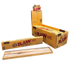 RAW Classic Lean Pre-Rolled Cones display box open, with one pack opened showing natural hemp cones – 109mm x 40mm, box of 12 packs