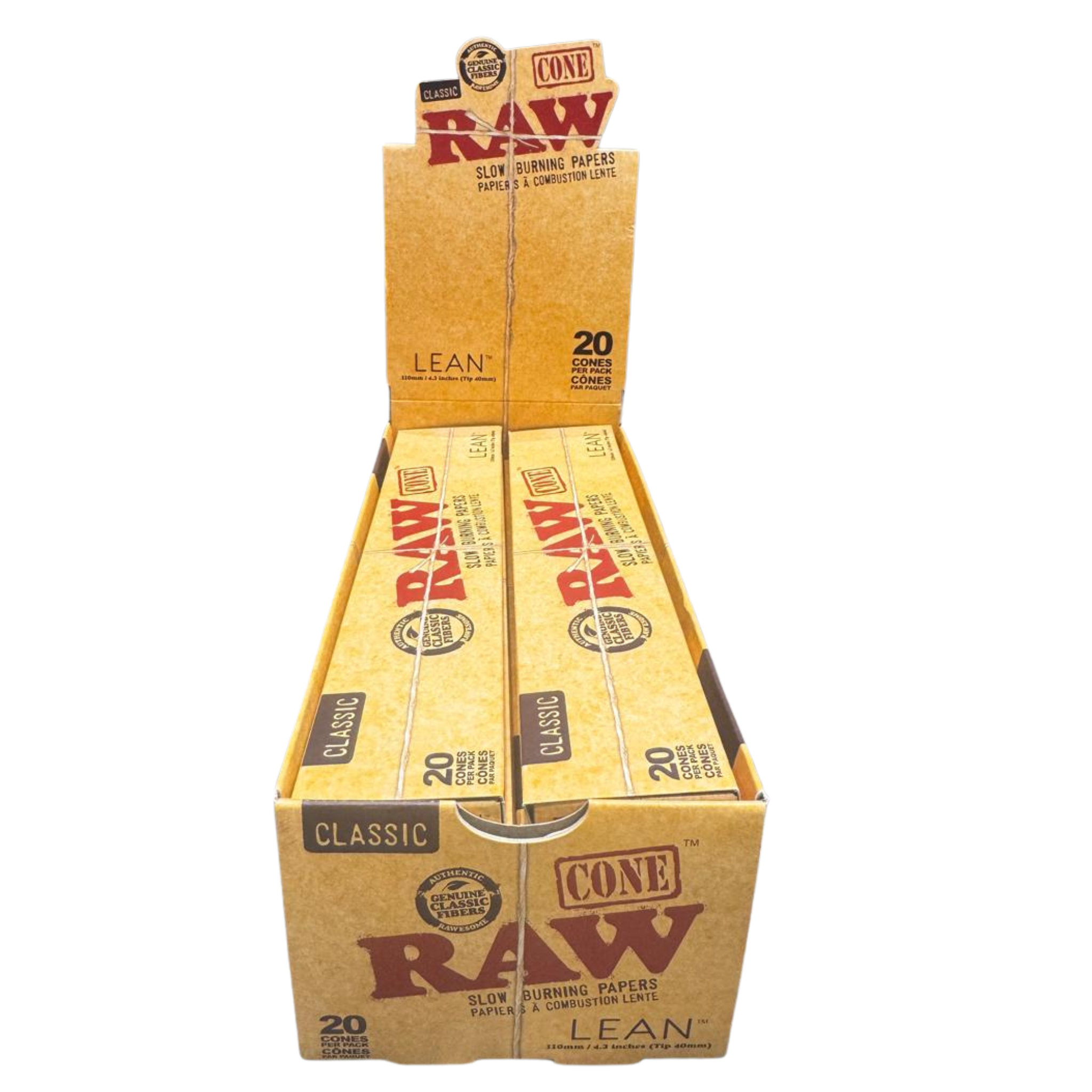 RAW Classic Lean Pre-Rolled Cones open display box front view – 20 cones per pack, 12 packs, natural hemp, 109mm length