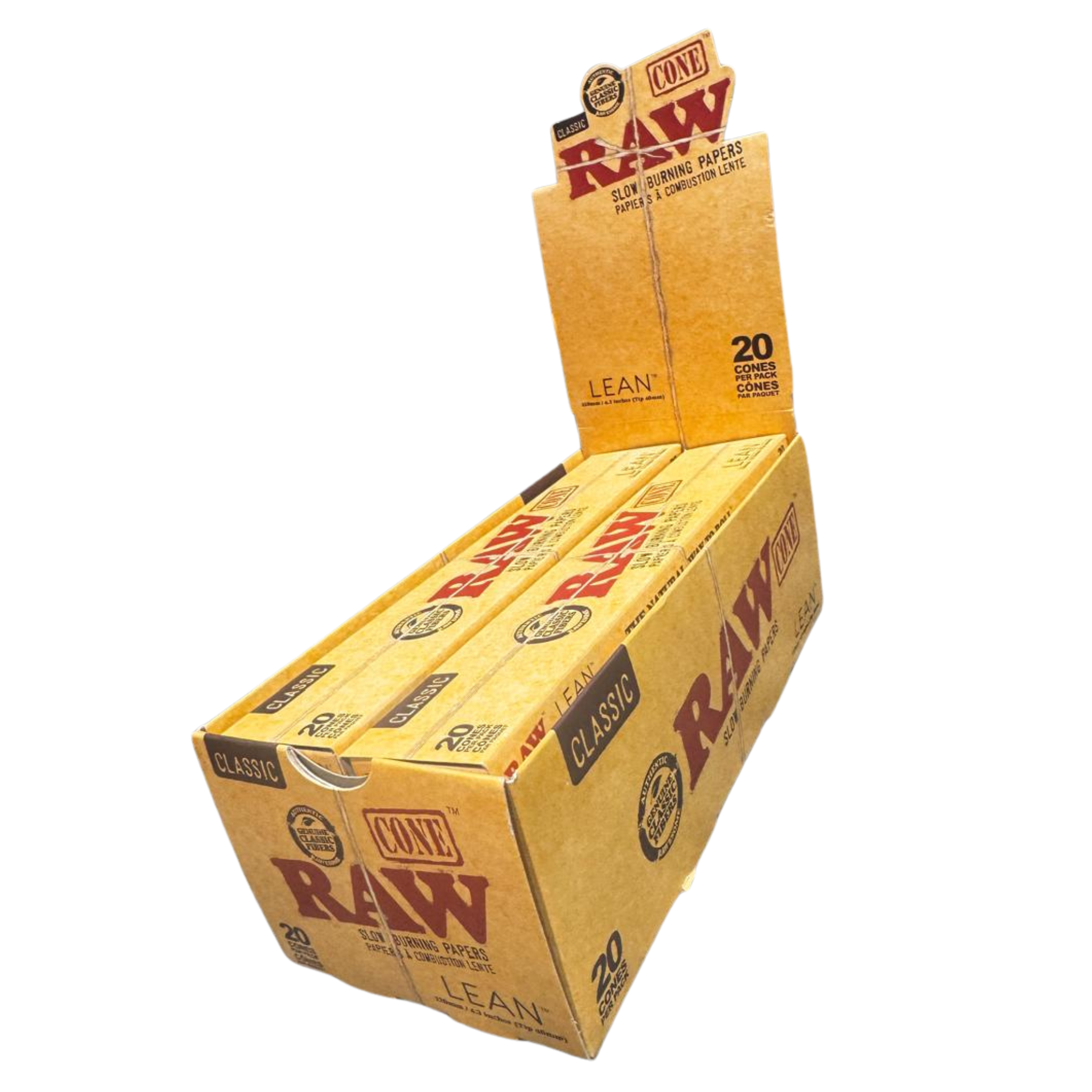 RAW Classic Lean Pre-Rolled Cones open display box right side view – hemp cones 109mm x 40mm, 20 cones per pack