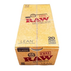 RAW Classic Lean Pre-Rolled Cones sealed display box front view – 12 packs, 20 cones each, 109mm hemp cones