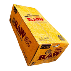 RAW Classic Lean Pre-Rolled Cones sealed display box left side view – natural hemp cones, box of 12 packs