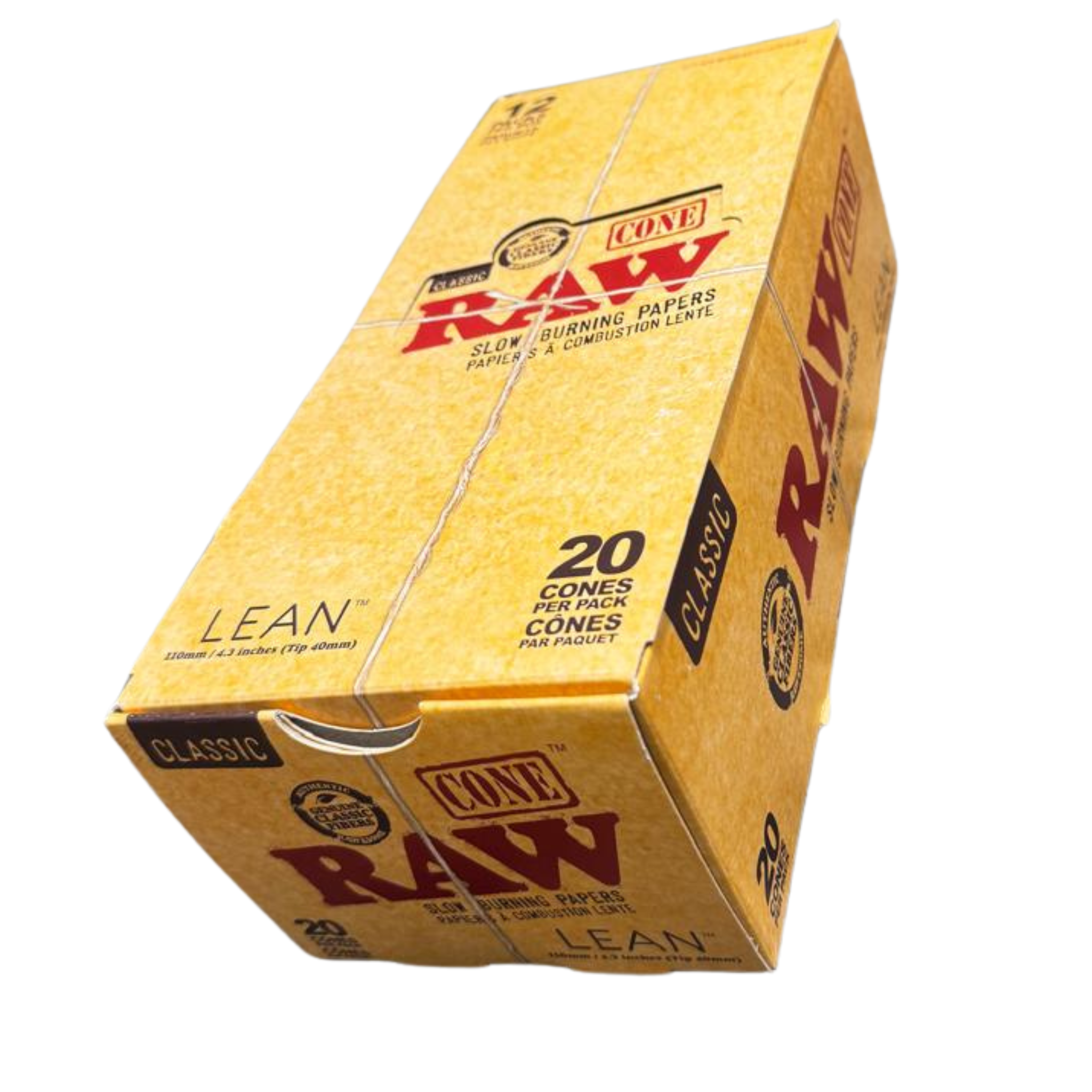 RAW Classic Lean Pre-Rolled Cones sealed display box right side view – 20 cones per pack, hemp 109mm