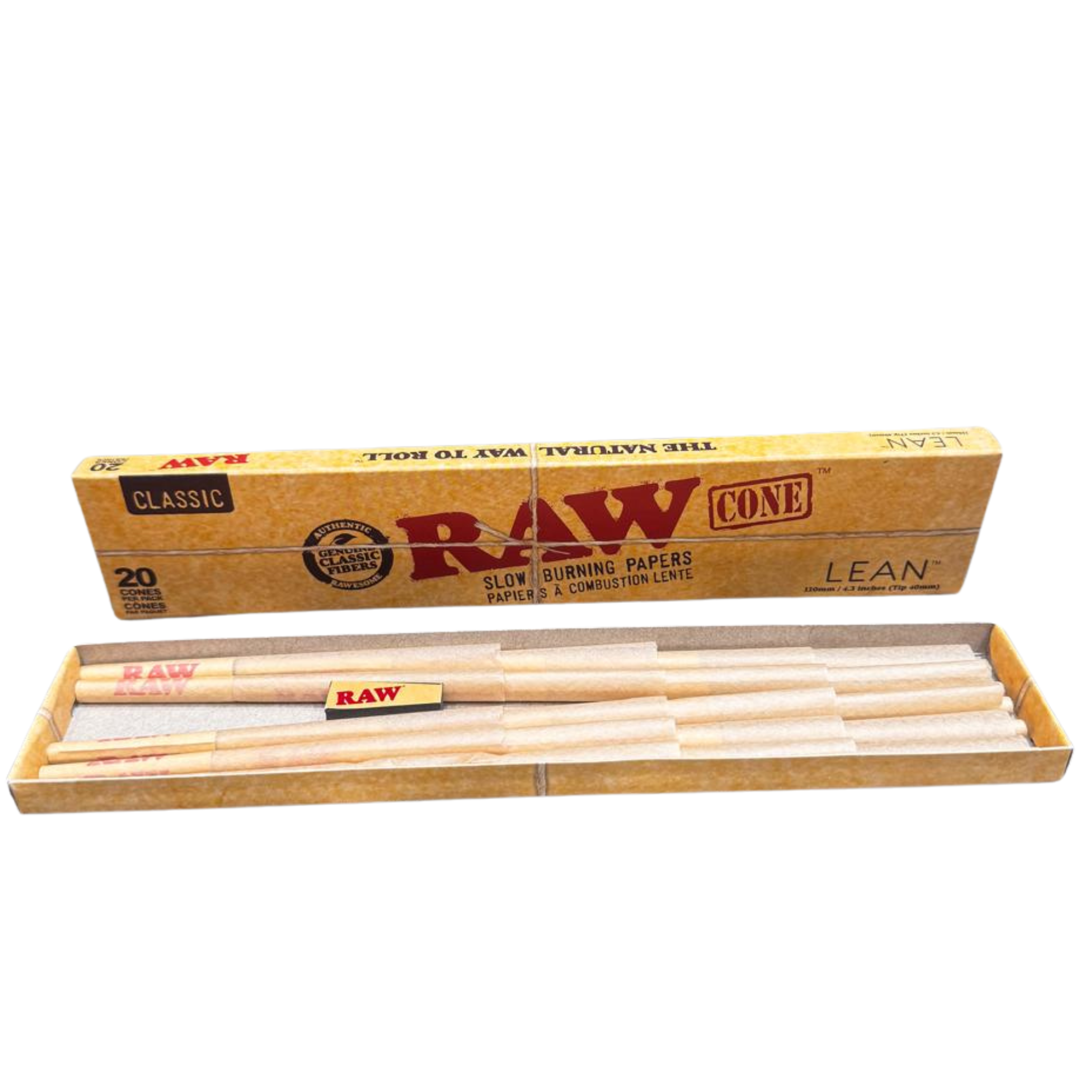 RAW Classic Lean Pre-Rolled Cones – 20 Cones/Pack – Natural Hemp – 109mm x 40mm – Box of 12 Packs