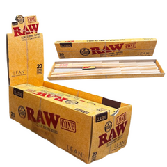 RAW Classic Lean Pre-Rolled Cones display box open, with one pack opened showing natural hemp cones – 109mm x 40mm, box of 12 packs