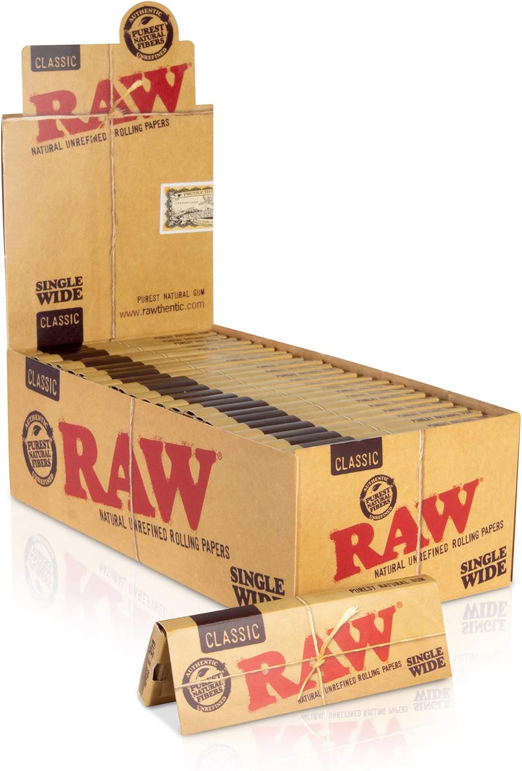 Box of RAW Classic Single Wide Rolling Papers – 25 Packs per Box, 100 Leaves Each, Natural Unrefined Vegan Paper with Slow-Burning Criss-Cross Watermark