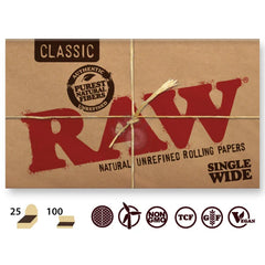 RAW Classic Single Wide Rolling Papers – Full Box of 25 Packs and Close-Up of Single Pack, 100 Leaves per Pack, Natural Unrefined Vegan Paper