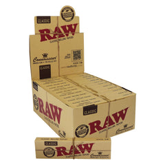 Open wholesale box of RAW Connoisseur Classic King-Size Slim Rolling Papers with one pack placed next to it.