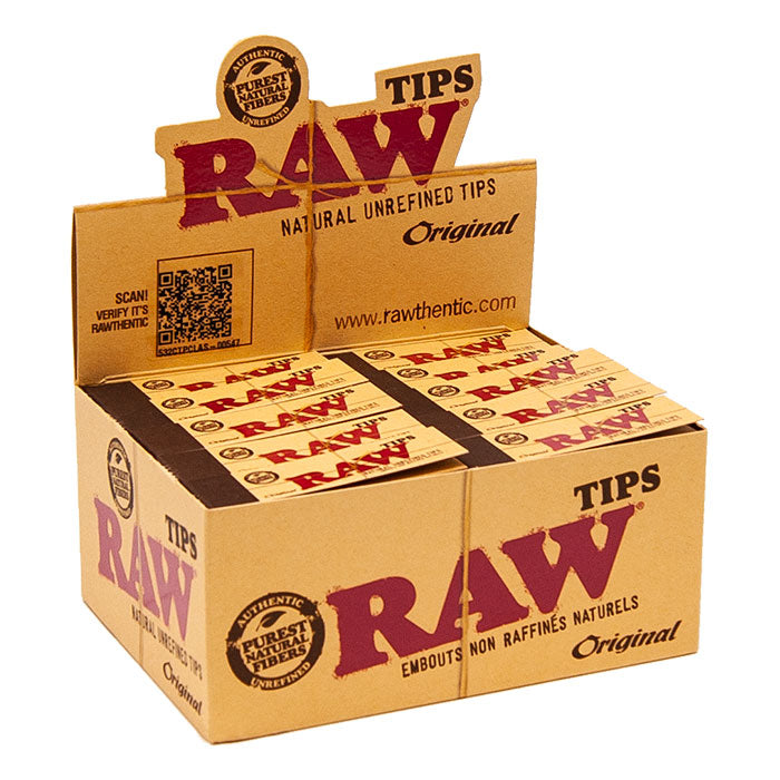 RAW Original Natural Paper Filter Tips – Open Box Display showing 50 Packs with 50 Tips Each, eco-friendly unrefined chlorine-free paper tips arranged neatly inside branded packaging
