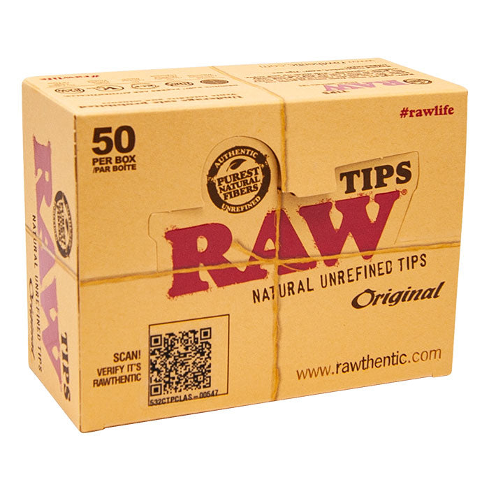 RAW Original Natural Paper Filter Tips box – Closed packaging showing brand logo, product name, and eco-friendly details for 50 packs with 50 tips each