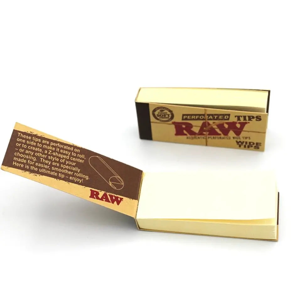 RAW Perforated Wide Tips pack open showing one unfolded tip with natural unrefined paper texture