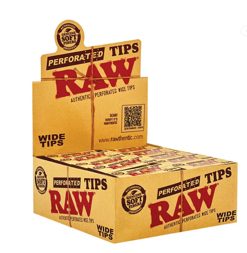 Display Box of RAW Perforated Wide Tips – 50 Tips per Pack – 50 Packs per Box – Natural Unrefined Rolling Filter Tips