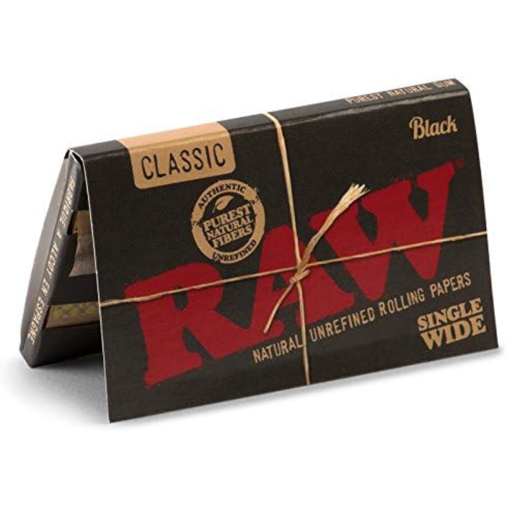 RAW Black Classic Single Wide Rolling Papers – Single Pack Front View, Natural Unrefined Vegan Paper