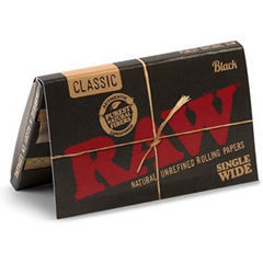 RAW Black Classic Single Wide Rolling Papers – Single Pack Front View, Natural Unrefined Vegan Paper