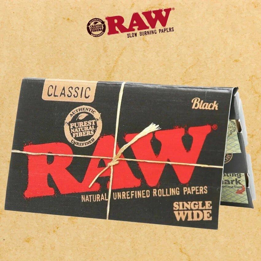 RAW Black Classic Single Wide Rolling Papers – Single Pack Front View, Natural Unrefined Vegan Paper