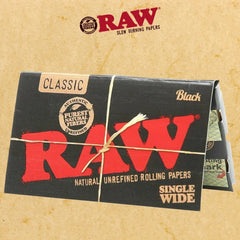 RAW Black Classic Single Wide Rolling Papers – Single Pack Front View, Natural Unrefined Vegan Paper