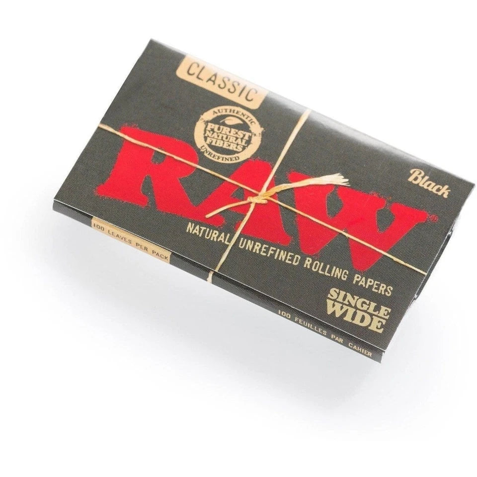 RAW Black Classic Single Wide Rolling Papers – Single Pack Front View, Natural Unrefined Vegan Paper