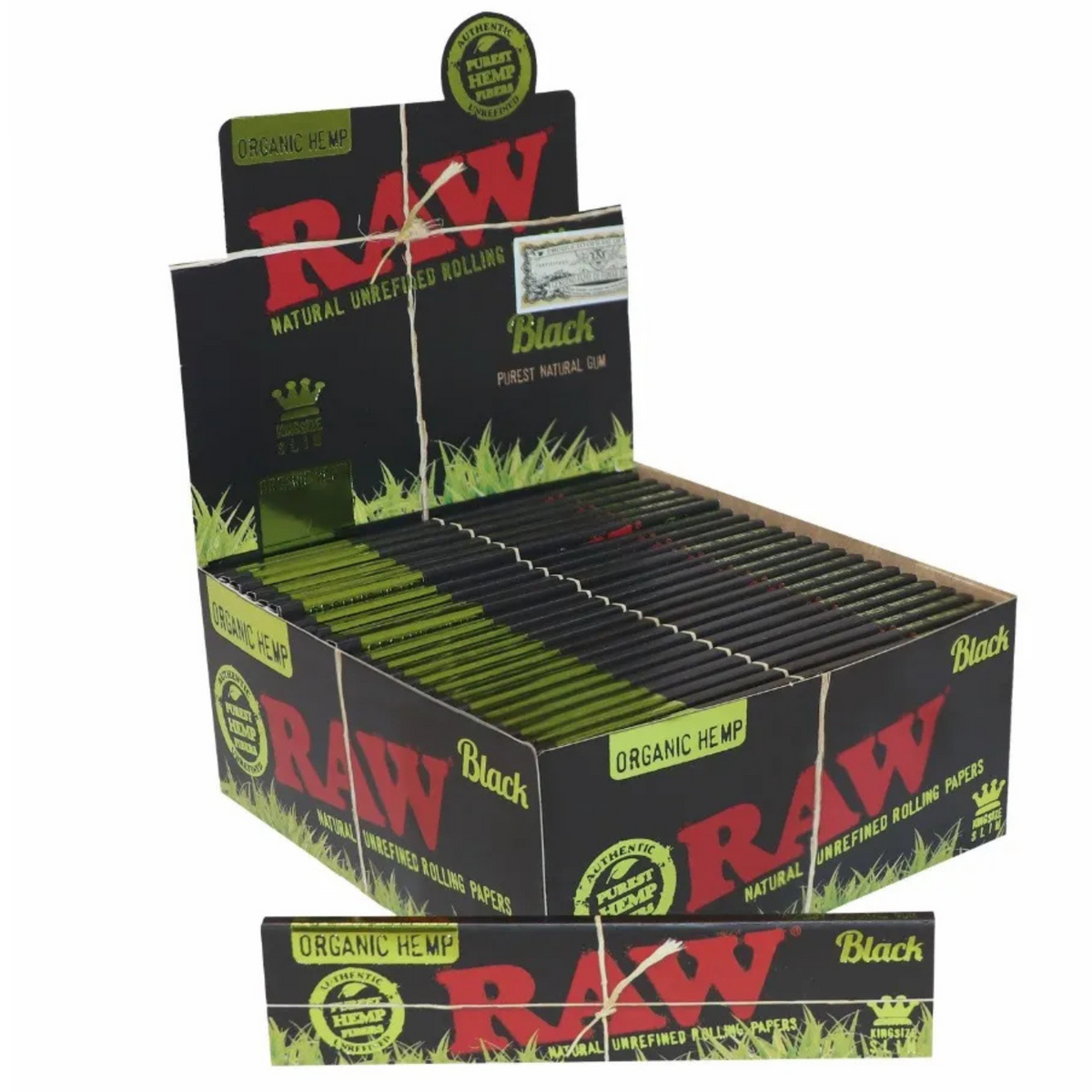 Diplay Box of RAW Black Organic Hemp King Size Slim Natural Unrefined Rolling Paper 50 Packs × 32 Leaves