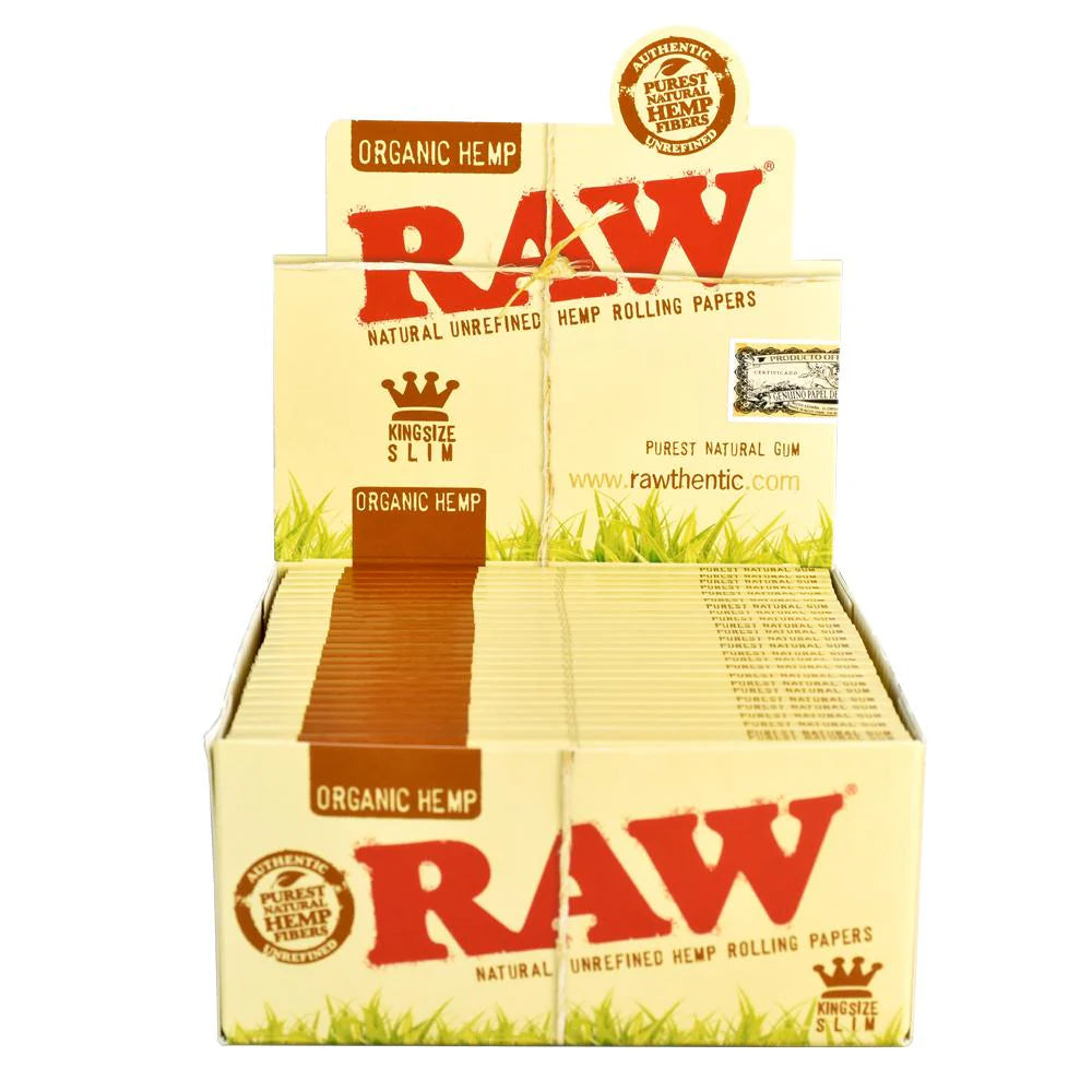 Display Box RAW Organic Hemp King Size Rolling Papers Wholesale Box – 50 Packs × 32 Leaves, Purest Natural Gum