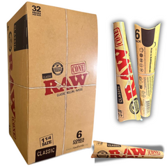 RAW Classic 1¼ Pre-Rolled Cones – Wholesale Display Box, 32 Packs × 6 Cones, Unrefined Natural Fibers, Water-Based Gum.