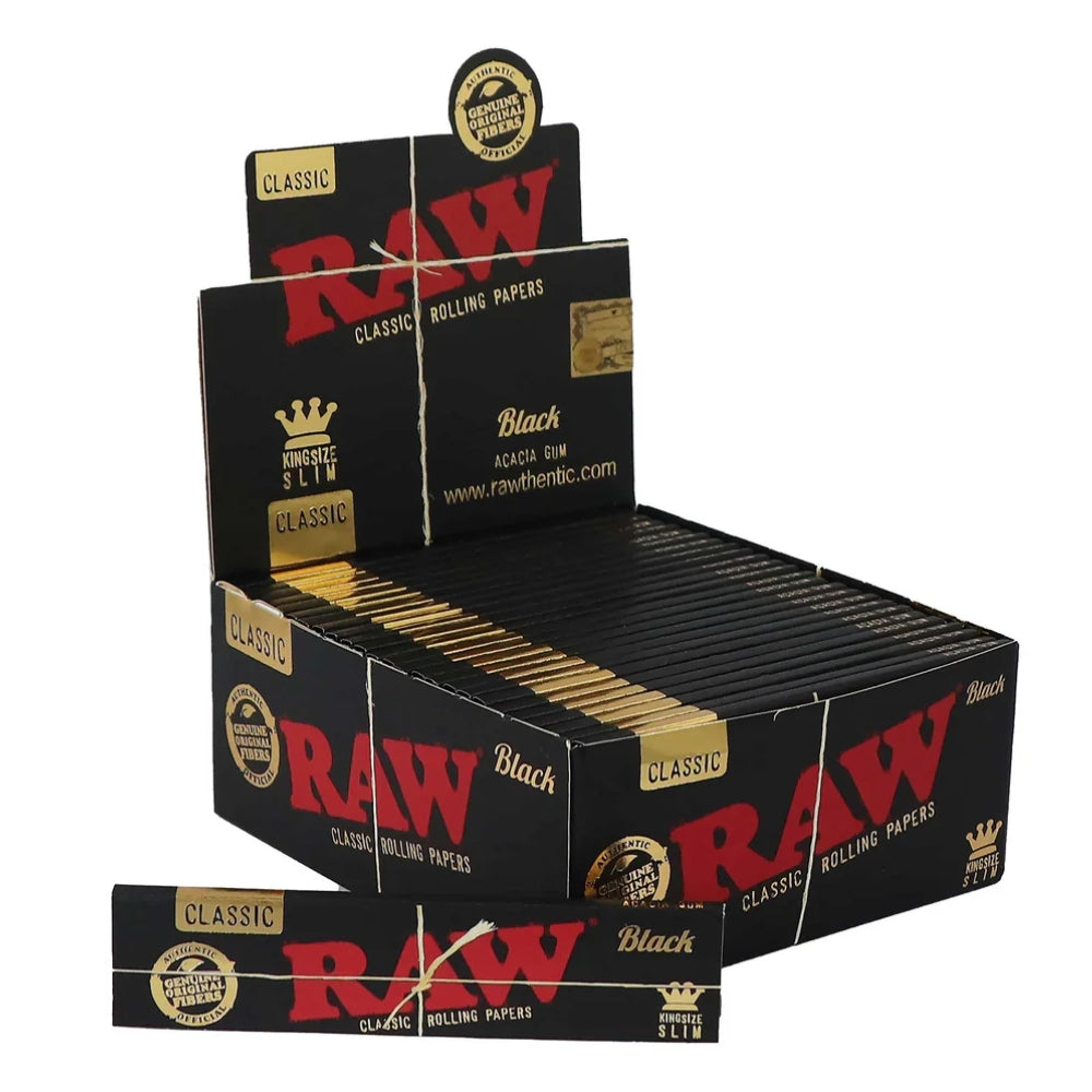 Display Box of RAW Classic Black King-Size Slim Rolling Papers 50 packs 32 Leaves per pack