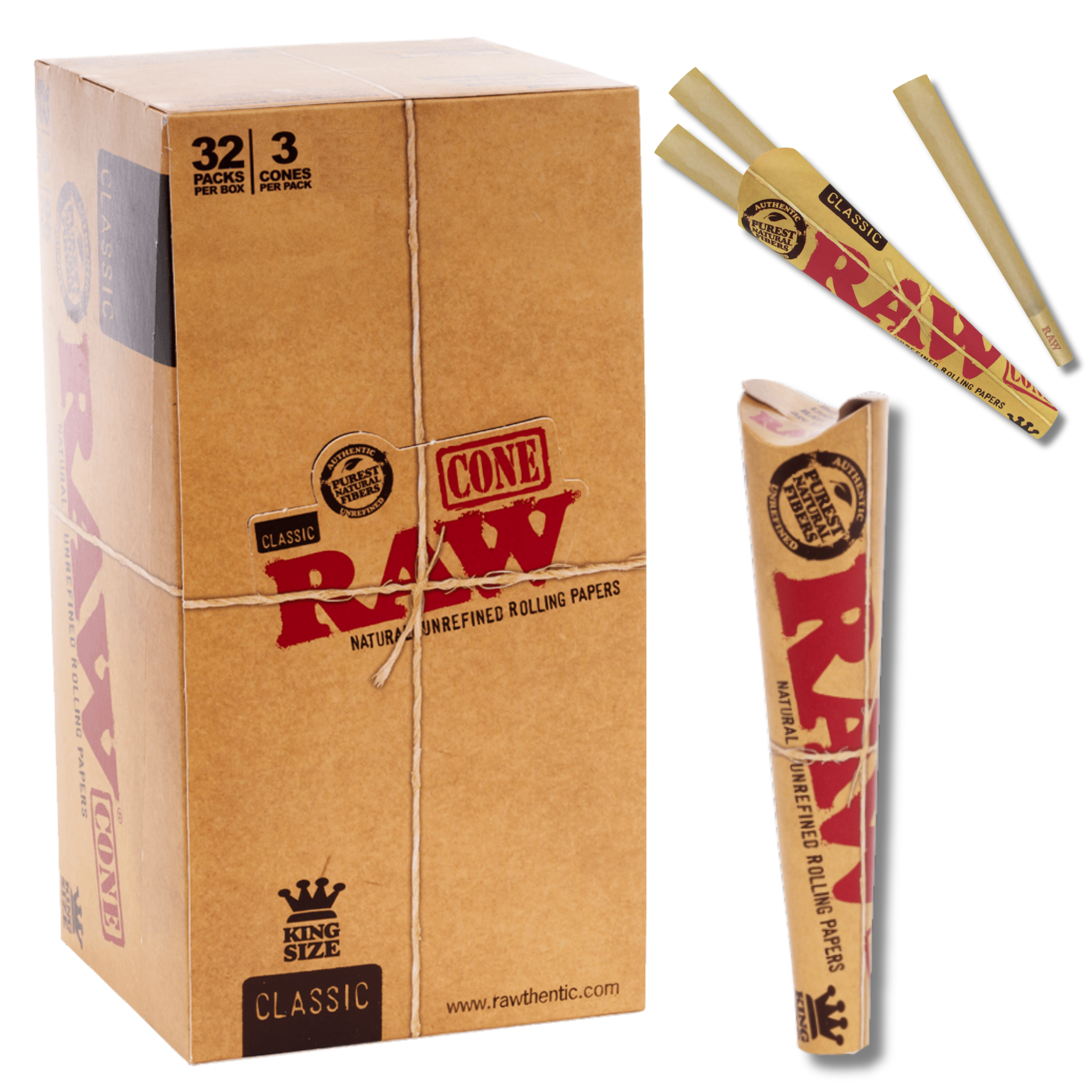 RAW Classic King Size Pre-Rolled Cones bulk box with one open pack in front, showing 3 unbleached pre-rolled cones.