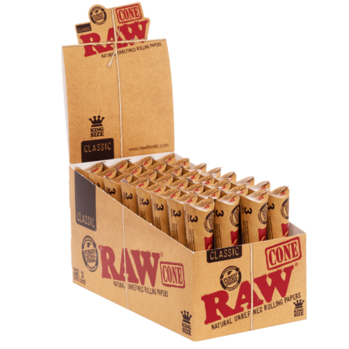 Open display box of RAW Classic King Size Pre-Rolled Cones – 32 packs × 3 cones each (96 total), natural unbleached paper, perfect for wholesale or retail display.