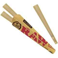 RAW Classic King Size Pre-Rolled Cones single pack with 3 loose cones displayed outside, made from pure unrefined plant fibers.