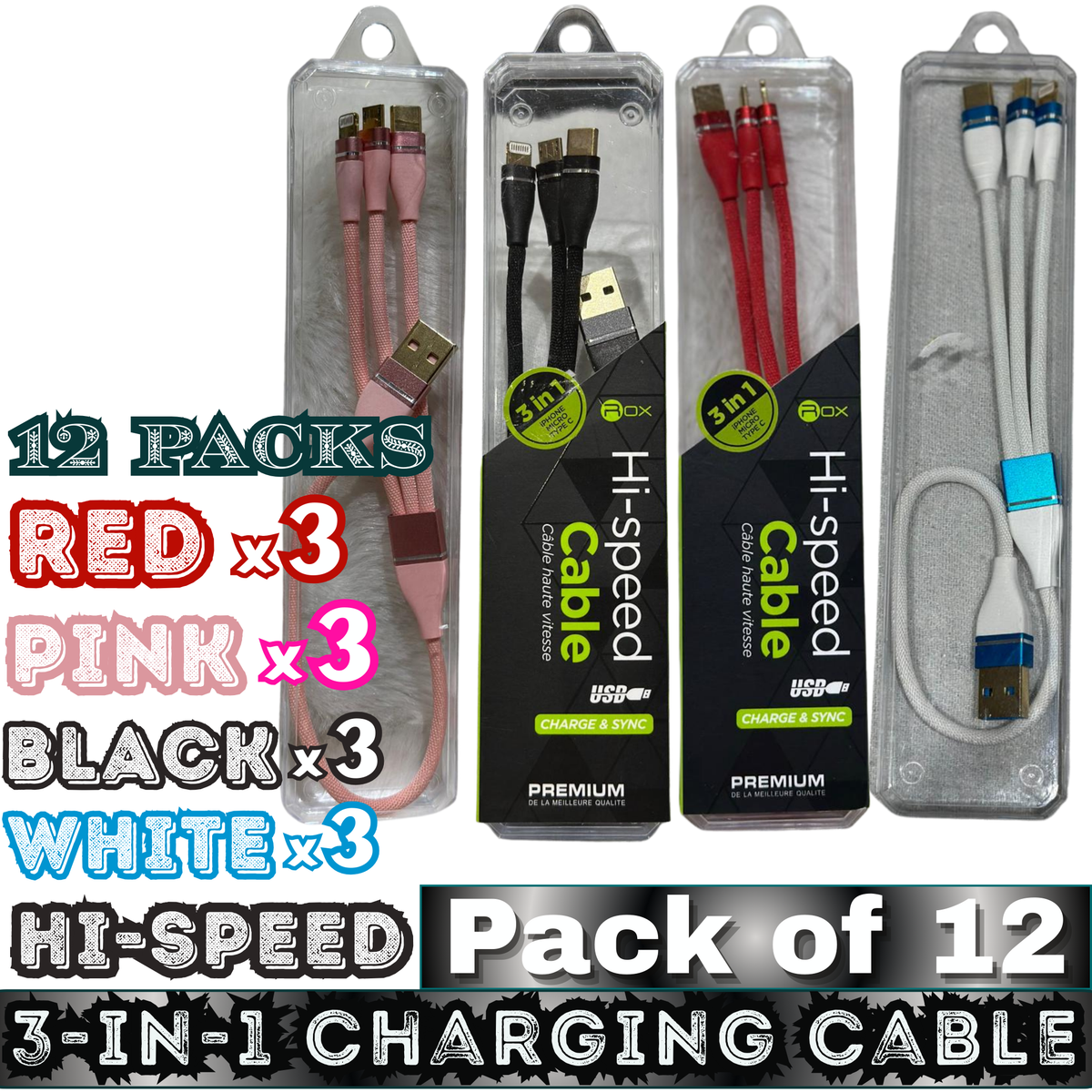 ROX 3-in-1 Universal Charging Cable – Lightning/Micro/Type-C – Hi-Speed – Pack of 12