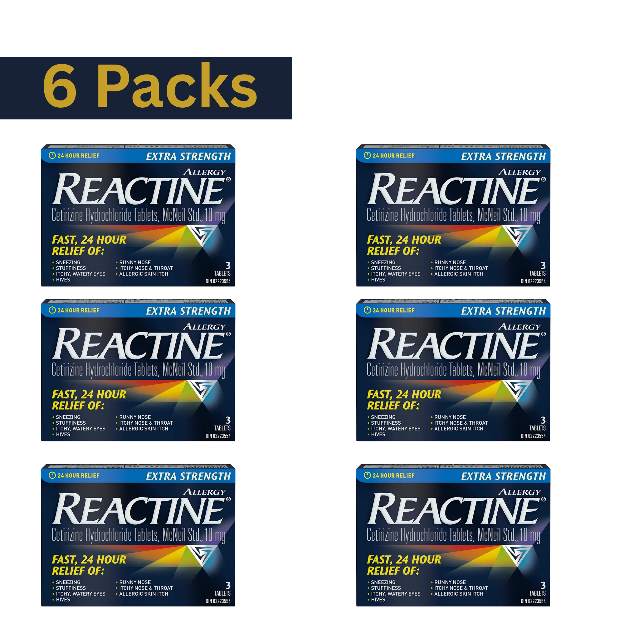 Reactine Cetirizine Hydrochloride 10mg Allergy Relief Tablets – 3 Tablets per Pack (pack of 6)