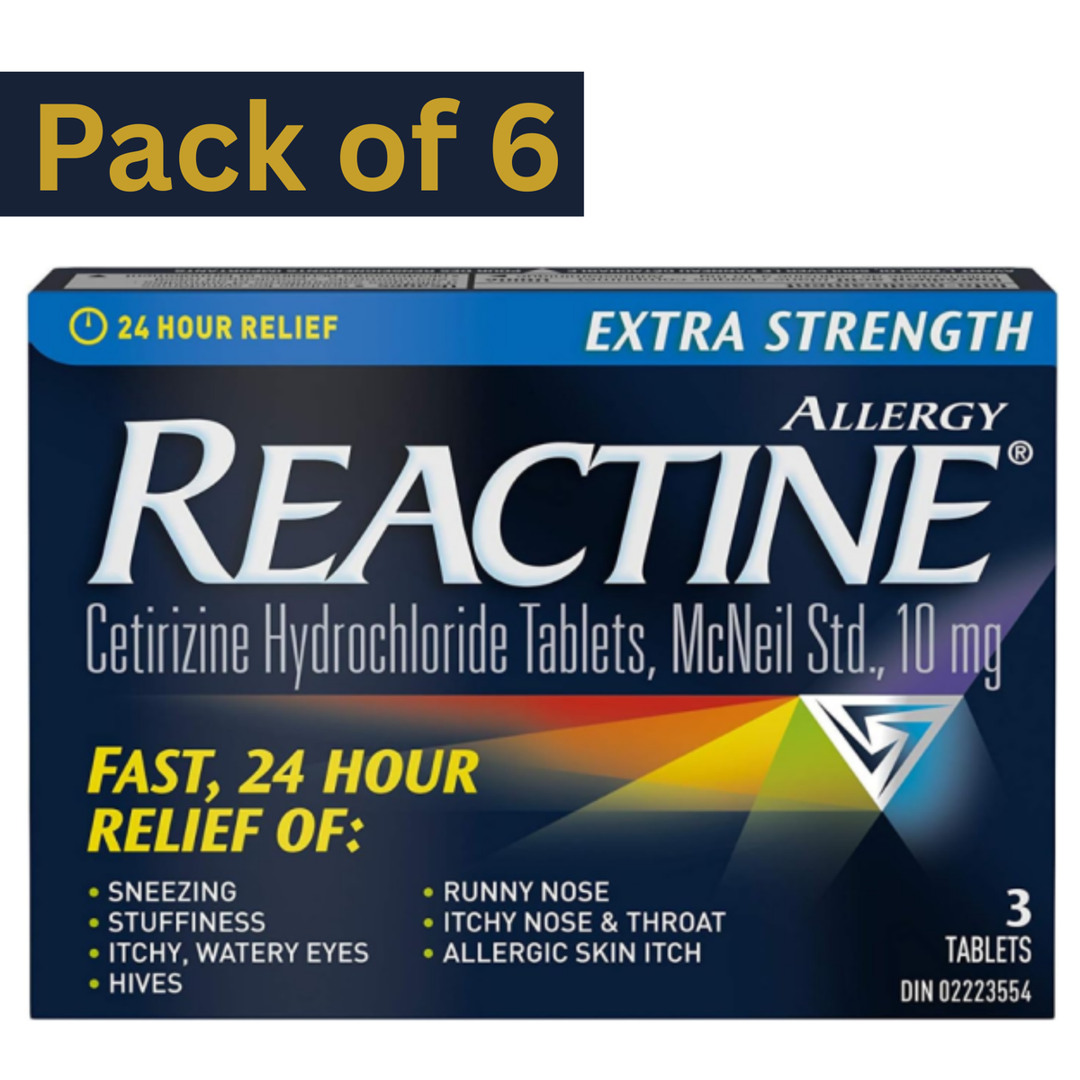 Reactine Cetirizine Hydrochloride 10mg Allergy Relief Tablets – 3 Tablets per Pack (pack of 6)