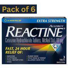 Reactine Cetirizine Hydrochloride 10mg Allergy Relief Tablets – 3 Tablets per Pack (pack of 6)
