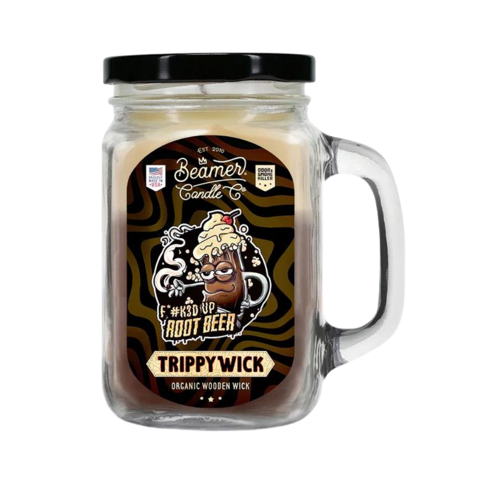 Beamer Trippy Wick Candle - Root Beer - 12oz white candle with organic wooden wick in a glass jar