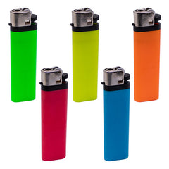 Set of six colorful lighters in green, yellow, red, blue, and orange on a white background.