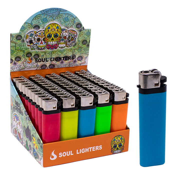 Display box of Soul Lighters with colorful lighters and a single blue lighter on a white background.
