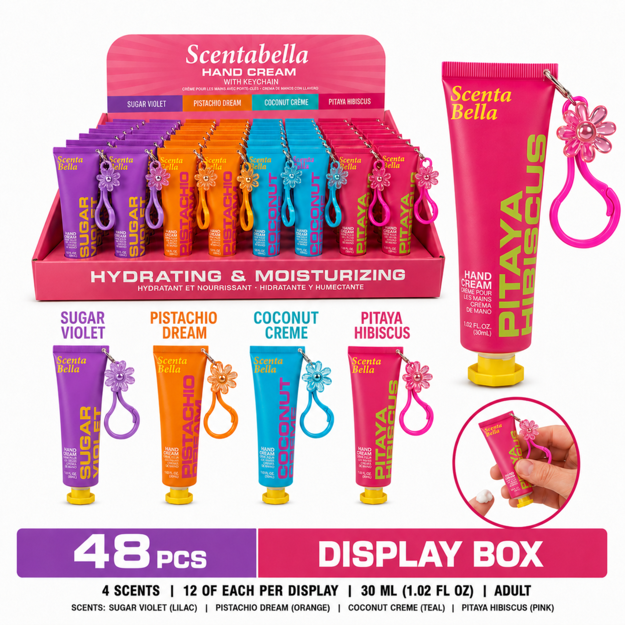 Scentabella Hand Cream with Keychain, 4 Scents, 30ml Tube, 48 Piece Display Box