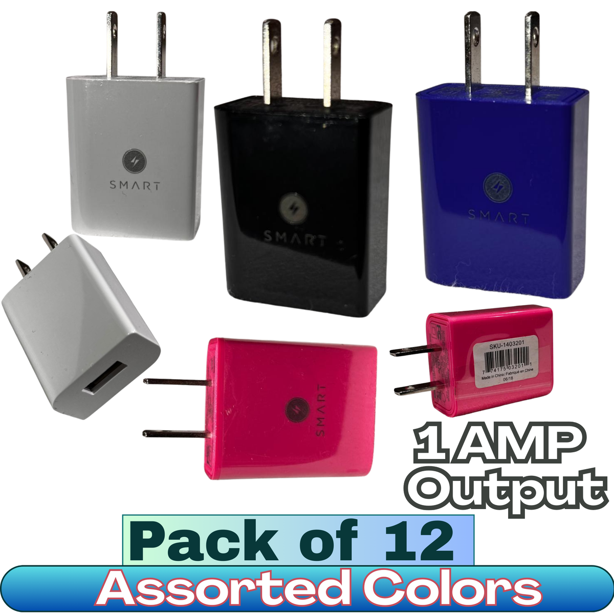 Smart 1 USB Output Home Charger – 1AMP Fast Charging – Pack of 12 – Mixed Colors (Black, White, Blue, Pink)