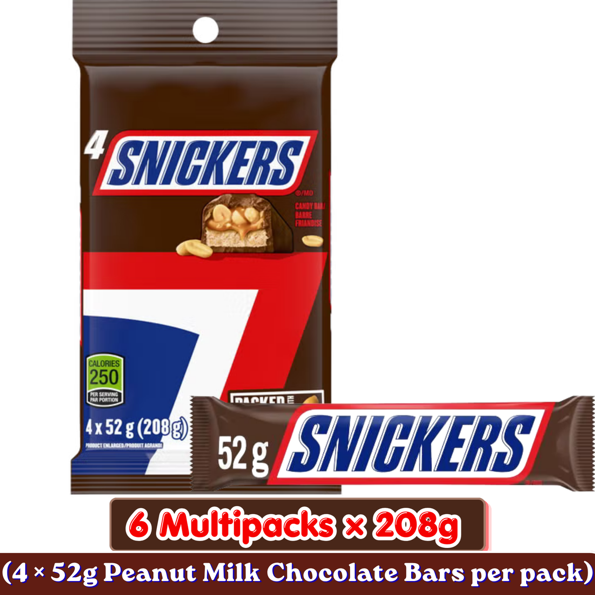 Snickers Peanut Milk Chocolate Bars — Pack of 6 × 208g Multipacks (4 × 52g Bars per pack)