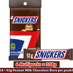 Snickers Peanut Milk Chocolate Bars — Pack of 6 × 208g Multipacks (4 × 52g Bars per pack)