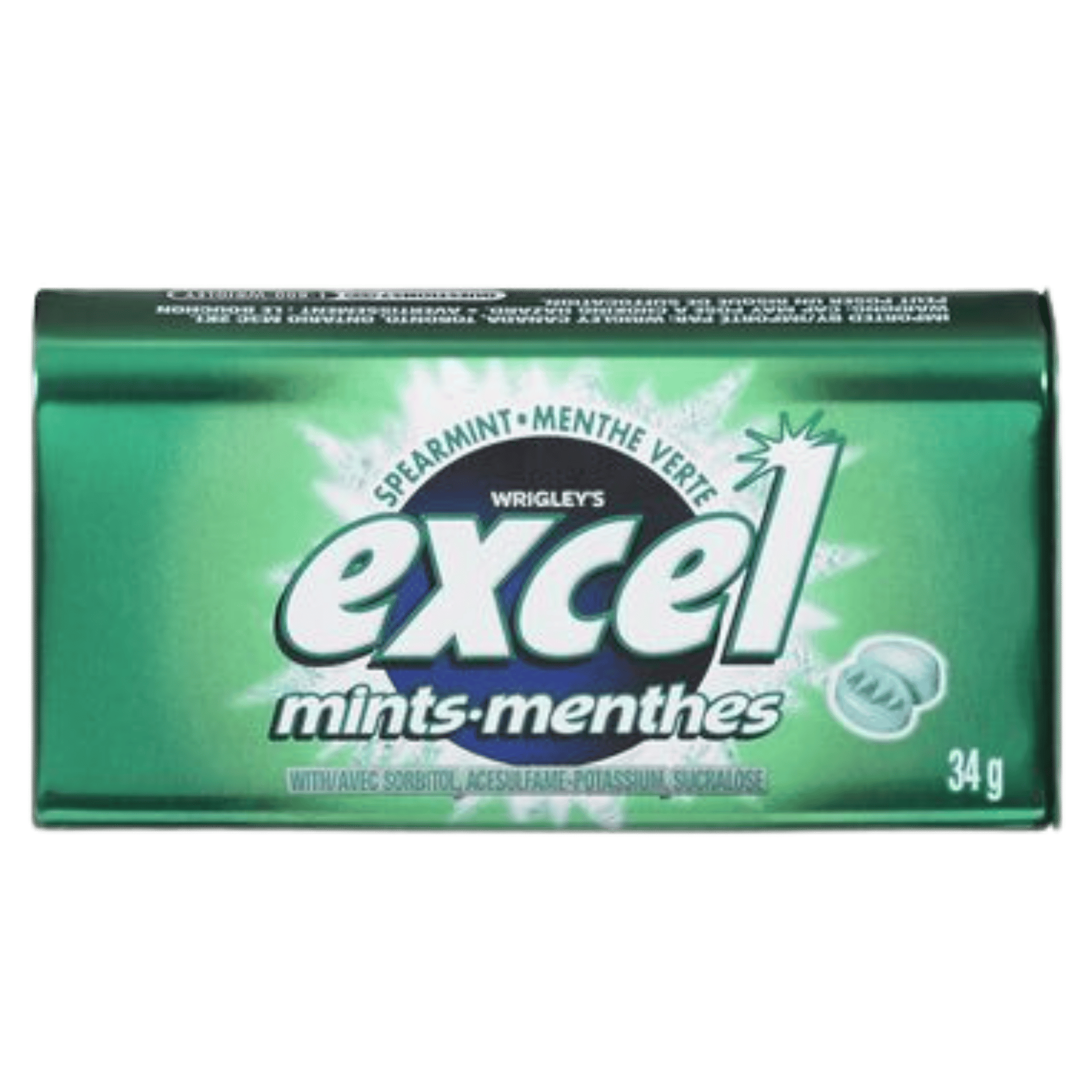 Excel Mints Spearmint flavor in sugar-free 1-pack tin, fresh breath mints by Wrigley’s