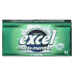 Excel Mints Spearmint flavor in sugar-free 1-pack tin, fresh breath mints by Wrigley’s