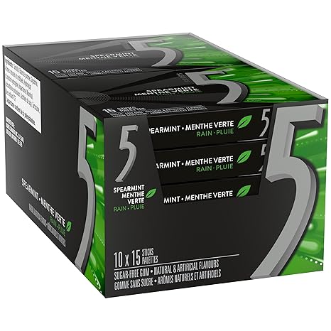 5 Gum Spearmint Rain – 10 Packs (15 Sticks Each) | Sugar-Free Chewing Gum